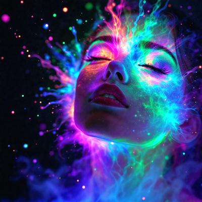 The primary subject of the image is a woman with a colorful, neon-like background. The setting appears to be a space or an artistic environment, as the woman's face is surrounded by a vibrant, swirling pattern. The visual style of the image is a combination of photo and digital art, creating a unique and captivating scene. The colors and mood of the image are predominantly bright and lively, with the woman's face and the background creating a striking contrast.